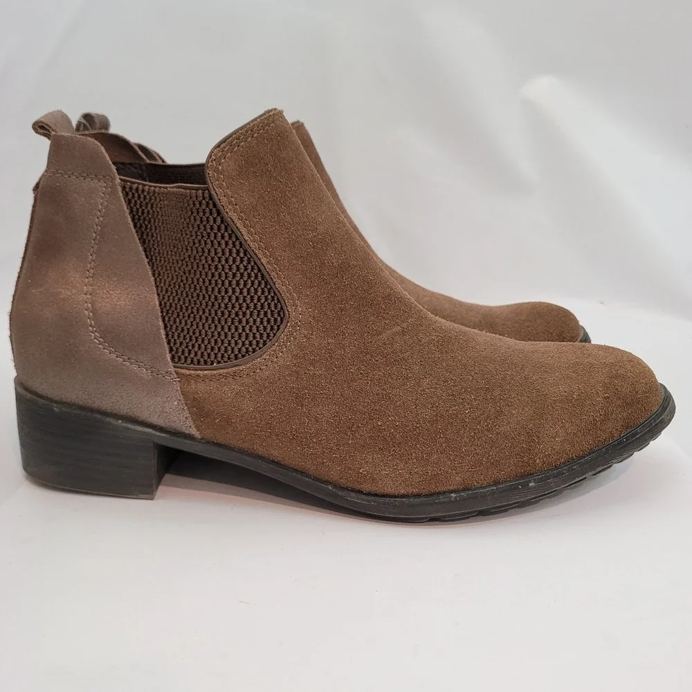 Aetrex Beth Chelsea Boots Women 8.5 Brown Suede Metallic Bronze Ankle EB414